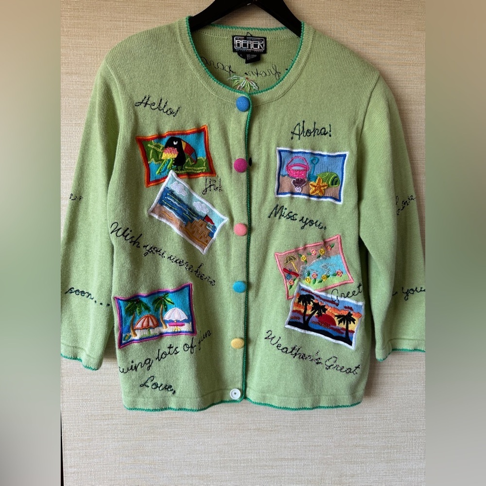 Super Rare Vintage Berek by Takako Sakon Vacation Travel Postcards Cardigan L